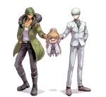  1girl 2boys brown_hair chibi dangan_ronpa dangan_ronpa_3 dark_skin dark_skinned_male green_hair hand_on_hip high_ponytail holding_hands labcoat long_hair looking_at_another minigirl multiple_boys munakata_kyousuke pantyhose ringed_eyes sakakura_juuzou scrunchie smile violet_eyes youko-shima yukizome_chisa 