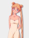  1girl arms_behind_back bishoujo_senshi_sailor_moon blonde_hair blue_eyes blush breasts cleavage double_bun dress earrings jewelry long_hair ochappa smile solo spaghetti_strap stud_earrings tsukino_usagi twintails very_long_hair white_dress 