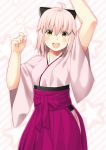  1girl :d ahoge arm_up black_bow bow fate/grand_order fate_(series) hair_bow japanese_clothes kimono looking_at_viewer mugipot open_mouth pink_hair sakura_saber short_hair smile solo star star_print striped striped_background yellow_eyes 