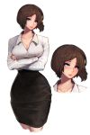  1girl blue_eyes blush breasts brown_hair collarbone crossed_arms happening18 highres looking_at_viewer medium_breasts office_lady short_hair simple_background skirt solo white_background wide_hips 