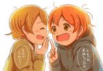  2girls :d ^_^ brown_hair closed_eyes commentary_request covering_mouth face-to-face green_eyes hood hood_down hoodie hoshizora_rin index_finger_raised koizumi_hanayo long_sleeves looking_at_another love_live! love_live!_school_idol_project multiple_girls open_mouth orange_hair sakutarou_(saku_suguitar) smile sweater translation_request upper_body 