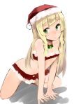  1girl bare_arms bare_legs bell blonde_hair blush breasts cleavage green_eyes hands_on_floor hat highres lillie_(pokemon) long_hair looking_to_the_side muoto navel pokemon pokemon_(game) pokemon_sm santa_costume santa_hat simple_background solo squatting underwear white_background 