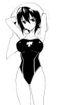  1girl arms_up blush breasts collarbone competition_swimsuit cross drying_hair girls_und_panzer large_breasts looking_at_viewer monochrome nishizumi_maho one-piece_swimsuit saikawa_yusa short_hair sidelocks solo swimsuit towel wet 