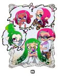  1boy 4girls alternate_hairstyle blanket blue_eyes camouflage camouflage_hoodie cellphone comb dark_skin domino_mask green_eyes green_hair hair_bun holster hood hoodie inkling mask multiple_girls pale_skin phone pink_eyes pink_hair pointy_ears scissors shirt short_hair sidelocks signature sitting smartphone splatoon squid striped striped_shirt take_(illustrator) tank_top tentacle_hair thought_bubble 