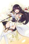  1girl :d black_hair earrings epaulettes flower gloves groin hair_ornament highres holding holding_staff jewelry lily_(flower) long_hair looking_at_viewer nerua_(soccer_spirits) open_mouth smile soccer_spirits ssberit staff thigh-highs transparent_background violet_eyes white_gloves white_legwear 