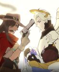  1girl 2boys artist_name belt black_gloves blonde_hair blue_eyes bodysuit brown_eyes brown_hair cape carrying cigar cowboy_hat d.va_(overwatch) finger_on_trigger gearous genderswap genderswap_(ftm) genderswap_(mtf) gloves gun hair_over_one_eye hand_up handgun hat headgear headphones holding holding_gun holding_weapon long_hair long_sleeves looking_at_another male_focus mccree_(overwatch) mechanical_halo mechanical_wings mercy_(overwatch) multiple_boys open_mouth overwatch pilot_suit power_suit princess_carry red_cape revolver short_hair short_sleeves simple_background smile smoke teeth teeth_hold thigh_strap turtleneck weapon white_background wings 