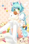  1girl :3 absurdres animal_ears blue_hair blue_skirt blurry blush blush_stickers cat_ears cat_tail cat_teaser closed_mouth cushion depth_of_field eyebrows eyebrows_visible_through_hair green_eyes head_tilt highres looking_at_viewer object_hug original ornament panties pantyshot pantyshot_(sitting) paw_print puffy_short_sleeves puffy_sleeves sakura_chiyo_(konachi000) shirt short_sleeves sitting skirt smile solo star striped striped_panties stuffed_animal stuffed_cat stuffed_toy tail thigh-highs toy_mouse underwear white_legwear white_shirt 