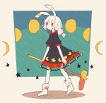 1girl ambiguous_red_liquid animal_ears blue_dress crescent daizu_(melon-lemon) dress ear_clip full_body highres limited_palette mallet moon_rabbit rabbit_ears red_eyes seiran_(touhou) solo stain star touhou 