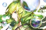  1boy androgynous blue_eyes bubble collarbone commentary_request enkidu_(fate/strange_fake) fate/strange_fake fate_(series) floating_hair gradient_eyes green_eyes green_hair hg_(pixiv16108795) long_hair multicolored_eyes out_of_frame portrait simple_background solo upper_body white_background 