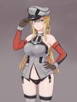  1girl adjusting_clothes adjusting_hat anchor_hair_ornament armpits bare_shoulders bismarck_(kantai_collection) black_gloves black_panties blonde_hair blue_eyes blush breastplate breasts closed_mouth cold_(hoshinoskull) cowboy_shot detached_sleeves gloves grey_background grey_legwear hair_ornament hand_on_hip hat kantai_collection large_breasts long_hair looking_at_viewer military military_hat military_uniform navel no_pants panties peaked_cap side-tie_panties sidelocks smile solo swastika thigh-highs underwear uniform 