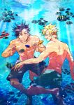  2boys akasabi129 blonde_hair caesar_anthonio_zeppeli fish jojo_no_kimyou_na_bouken joseph_joestar_(young) male_swimwear multiple_boys purple_hair swim_trunks swimwear underwater 