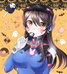  1girl :3 bangs bat blush bodysuit bracer breasts breasts_apart brown_eyes brown_hair bunny_print candy candy_cane closed_mouth cookie d.va_(overwatch) doughnut eating eyebrows eyebrows_visible_through_hair eyelashes facepaint facial_mark food ghost gloves hair_between_eyes halloween hand_up headphones heart high_collar highres lollipop long_hair long_sleeves looking_at_viewer overwatch pauldrons pilot_suit reaper_(overwatch) ribbed_bodysuit shoulder_pads skin_tight smile solo sparkle swirl_lollipop tl_astral7536 turtleneck twitter_username upper_body whisker_markings white_gloves 