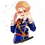  1boy :d blonde_hair blue_eyes blush double-breasted fang flower glasses hakata_toushirou looking_to_the_side male_focus military military_uniform open_mouth red-framed_eyewear smile tantou touken_ranbu uniform upper_body 