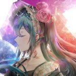  1girl abstract_background alternate_costume aqua_hair backlighting bonnet closed_eyes collarbone dated earrings flower frills hair_flower hair_ornament hatsune_miku jewelry light_particles long_hair portrait profile signature smile solo twintails vocaloid 