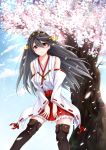  1girl absurdres black_hair black_legwear brown_eyes cherry_blossoms collarbone detached_sleeves from_below hair_ornament hakama_skirt haruna_(kantai_collection) highres japanese_clothes kantai_collection lace-trimmed_sleeves long_hair miko minami_machi outdoors red_hakama red_ribbon ribbon solo thigh-highs 