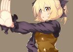  &gt;:o 1girl :o black_bow black_shirt blonde_hair bow brown_background brown_eyes brown_vest buttons frilled_sleeves frills hachi105 hair_between_eyes hair_bow hands kurodani_yamame long_sleeves open_mouth outstretched_arm ponytail shirt solo touhou upper_body 
