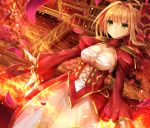  1girl aestus_domus_aurea aestus_estus blonde_hair breasts cleavage dress dutch_angle epaulettes fate/grand_order fate_(series) green_eyes highres large_breasts petals red_dress rose_petals saber_extra see-through short_hair smile solo sword u_rin weapon 