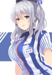  1girl beret blue_eyes blush breasts commentary_request dyson_(edaokunnsaikouya) employee_uniform hat kantai_collection kashima_(kantai_collection) large_breasts lawson long_hair looking_at_viewer name_tag open_mouth shirt sidelocks silver_hair smile solo striped striped_shirt tsurime twintails uniform vertical-striped_shirt vertical_stripes wavy_hair 