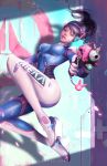  1girl absurdres aiming_at_viewer artist_name bangs bodysuit breasts brown_eyes brown_hair bunny_print charm_(object) clothes_writing d.va_(overwatch) facepaint facial_mark gun handgun headphones highres holding holding_gun holding_weapon janice_sung lips logo long_hair looking_at_viewer medium_breasts nose overwatch parted_lips pilot_suit pink_lips pistol realistic ribbed_bodysuit shadow shoulder_pads signature skin_tight solo swept_bangs weapon whisker_markings 