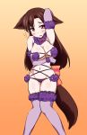  1girl animal_ears breasts brown_hair cleavage embarrassed fate/grand_order fate_(series) fur fur-trimmed_gloves fur-trimmed_legwear fur_trim gradient gradient_background groin imaizumi_kagerou large_breasts long_hair looking_at_viewer navel nisshisshi o-ring o-ring_top open_mouth red_eyes ribbon shielder_(fate/grand_order) shielder_(fate/grand_order)_(cosplay) solo tail touhou underwear wolf_ears wolf_tail 