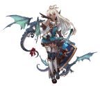  1girl armor armored_boots boots dark_skin dragon dress gloves granblue_fantasy long_hair looking_at_viewer minaba_hideo open_mouth red_eyes shield short_dress simple_background sleeveless smile standing sword the_order_grande thigh-highs weapon white_background white_hair zettai_ryouiki 