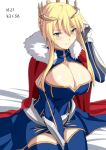  1girl artoria_pendragon_lancer_(fate/grand_order) between_legs blonde_hair blue_dress blue_legwear blush braid breasts cape cleavage cleavage_cutout closed_eyes crown dated detached_sleeves dress fate/grand_order fate_(series) french_braid fur_trim gauntlets green_eyes hair_tucking hand_between_legs hirame_sa large_breasts saber sidelocks sitting solo thigh-highs white_background 