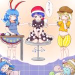  3girls :3 animal_ears blonde_hair bloomers blue_background blue_dress blue_hair brown_hat crescent crescent_print cushion dango dango_daikazoku doremy_sweet dreaming dress eating flat_cap floppy_ears food frilled_dress frilled_pillow frilled_sleeves frills hat highres kine mg_mg mofu_mofu multiple_girls navel nightcap orange_shirt pillow plaid plaid_background plucking pom_pom_(clothes) puffy_short_sleeves puffy_shorts puffy_sleeves rabbit_ears red_hat ringo_(touhou) seiran_(touhou) shirt short_sleeves shorts sleeping spinning star star_print striped striped_shorts swivel_chair table teruyof touhou translation_request underwear wagashi x_navel yellow_shorts |3 