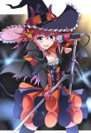  1girl bat_wings black_legwear blue_eyes blush choker commentary_request demon_tail detached_sleeves dragon_girl elizabeth_bathory_(fate/grand_order) eyebrows eyebrows_visible_through_hair fang fate/grand_order fate_(series) hair_between_eyes halloween hat holding holding_microphone lancer_(fate/extra_ccc) long_hair microphone open_mouth pink_hair solo tail tsuedzu wings witch_hat 