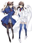  2girls adapted_costume black_hair black_legwear blue_eyes blue_legwear cape cosplay edogawa_conan_(cosplay) glasses gloves interlocked_fingers kaitou_kid_(cosplay) long_hair magic_kaito meitantei_conan monocle mouri_ran multiple_girls nakamori_aoko one_eye_closed pantyhose ro-a shorts thigh-highs violet_eyes 