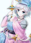  1girl anastasia_(idolmaster) blue_eyes bracelet breasts commentary granblue_fantasy hair_ornament hat highres holding holding_sword holding_weapon idolmaster idolmaster_cinderella_girls jewelry looking_at_viewer medium_breasts shawl short_hair silver_hair solo sword tagme tanakahazime weapon 