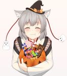  1girl ^_^ absurdres animal_ears black_hat blush bow candy candy_cane candy_wrapper chewing chocolate_bar closed_eyes detached_sleeves eating facing_viewer ghost grey_hair halloween hat hat_bow highres inubashiri_momiji jack-o&#039;-lantern lollipop long_sleeves orange_bow ozu_(agito100001) pink_background short_hair simple_background smile solo swirl_lollipop touhou upper_body wavy_mouth witch_hat wolf_ears 
