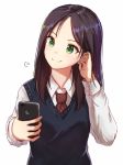  1girl adjusting_hair black_hair blue_vest blush breasts brown_hair cellphone closed_mouth collared_shirt commentary_request eyebrows eyebrows_visible_through_hair green_eyes hand_in_hair head_tilt highres holding holding_phone itachi_kanade long_hair looking_at_phone medium_breasts necktie original phone red_necktie school_uniform self_shot shiny shiny_hair shirt simple_background smartphone smile smiley_face solo striped striped_necktie sweater_vest uniform upper_body vest white_background white_shirt 