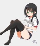  1girl artist_name black_hair black_legwear bloomers blush breasts closed_mouth dated grey_background gym_uniform head_tilt holding long_hair medium_breasts number original ragho_no_erika shirt short_sleeves simple_background sitting smile solo thigh-highs underwear volleyball white_shirt 