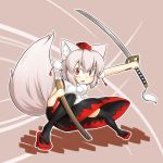  1girl animal_ears bare_shoulders breasts detached_sleeves elu_butyo geta hat inubashiri_momiji katana looking_at_viewer open_mouth pom_pom_(clothes) red_eyes short_hair silver_hair solo sword tail tokin_hat touhou weapon weapon_bag wide_sleeves wolf_ears wolf_tail 