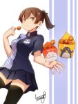  1girl alternate_costume artist_name asymmetrical_clothes black_legwear blue_shirt blue_skirt breasts brown_hair collared_shirt eating failure_penguin fast_food food fried_chicken jpeg_artifacts kaga_(kantai_collection) kantai_collection lawson looking_at_viewer medium_breasts miss_cloud pleated_skirt shirt short_sleeves side_ponytail signature simple_background skirt solo striped striped_background tamago_(yotsumi_works) uniform yellow_eyes 