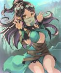  1girl :d bangs bare_shoulders black_hair breasts detached_collar detached_sleeves double_v long_hair looking_at_viewer medium_breasts omaesan_(camp-192) open_mouth paladins parted_bangs pointy_ears ponytail smile tiara under_boob v veil yellow_eyes ying_(paladins) 