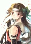  1girl 2016 artist_name blush brown_eyes brown_hair dated elbow_gloves forehead_protector from_side gloves headband jintsuu_(kantai_collection) kantai_collection light_smile long_hair looking_at_viewer neckerchief petals remodel_(kantai_collection) school_uniform serafuku sidelocks simple_background sleeveless solo upper_body white_background yuihira_asu 