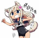  1girl animal_ears blonde_hair blue_eyes covered_navel crop_top dog_ears dog_tail drooling flower hair_flower hair_ornament hibiscus japanese_flag kanikama kantai_collection long_hair one-piece_tan ro-500_(kantai_collection) sailor_collar school_swimsuit swimsuit swimsuit_under_clothes tail tan tanline teeth 