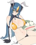  1girl ban bare_shoulders bikini blue_hair breasts cleavage elbow_gloves female gloves groin headgear highres long_hair looking_at_viewer navel personification simple_background sitting solo swimsuit ultra_kaijuu_gijinka_keikaku ultra_series very_long_hair white_background yellow_eyes zetton zipper 