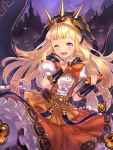  1girl ;d bangs blonde_hair blush book bow cagliostro_(granblue_fantasy) cape cloak crown granblue_fantasy hairband halloween halloween_costume highres hood hooded_cloak long_hair looking_at_viewer one_eye_closed open_mouth puffy_short_sleeves puffy_sleeves short_sleeves skirt smile solo striped striped_legwear thigh-highs v violet_eyes yapo_(croquis_side) 