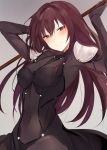  1girl armor arms_up blush bodysuit breasts closed_mouth covered_navel covered_nipples fate/grand_order fate_(series) grey_background head_tilt holding holding_staff long_hair looking_at_viewer lpip medium_breasts red_eyes scathach_(fate/grand_order) shoulder_pads simple_background sitting skin_tight smile solo staff violet_eyes 