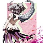  1girl ahoge covering_mouth cowboy_shot dress feathered_wings from_behind grey_hair half_updo jacket kikoka_(mizuumi) kishin_sagume long_sleeves looking_at_viewer looking_back purple_dress red_eyes solo touhou white_wings wings 