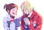  1boy 1girl blonde_hair blush closed_eyes dashi_(minzoku_gb) drink green_eyes hood hoodie jacket nishigoori_yuuko open_mouth orange_hair petting short_hair smile straw yuri!!!_on_ice yuri_plisetsky 