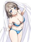  1girl blue_bra blue_eyes blue_panties blush bra breasts brown_hair cleavage cowboy_shot highres looking_at_viewer love_live! love_live!_sunshine!! navel panties rozen5 short_hair simple_background smile solo standing strap_slip teeth underwear watanabe_you white_background 