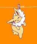  =_= blush clothes_pin clothesline full_body hanging jolteon leg_up looking_at_viewer lovewolf5122 no_humans orange_background pokemon pokemon_(creature) simple_background solo triangle_mouth 