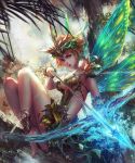  1girl antilous armlet arrow barefoot bow_(weapon) breasts cleavage fairy fairy_wings fantasy full_body green_eyes green_wings headpiece in_tree looking_at_viewer original outdoors redhead short_hair sitting solo tree weapon wings 