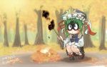  1girl artist_name asymmetrical_hair autumn autumn_leaves black_shoes black_skirt blouse blue_eyes blush_stickers burnt chamaji commentary_request dated fire food green_hair hat hat_ribbon long_sleeves mary_janes ribbon ribbon_trim shaded_face shiki_eiki shoes skirt squatting sweet_potato touhou tree vest 