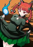  1girl animal_ears bow braid cat_ears cat_tail dated dutch_angle extra_ears fire hair_bow highres kaenbyou_rin kei_jiei pointy_ears red_eyes redhead skirt_hold smile solo tail touhou twin_braids 