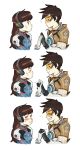  /\/\/\ 2girls 3koma :d bangs black_gloves blush blush_stickers bodysuit bomber_jacket breasts brown_eyes brown_hair brown_jacket bunny_print closed_mouth comic d.va_(overwatch) ear_piercing embarrassed emblem face facepaint facial_mark from_side gloves goggles grin hands_clasped hands_together harness headphones high_collar holding_hands interlocked_fingers jacket logo long_sleeves looking_at_another military_rank_insignia multiple_girls nose_blush open_mouth overwatch pauldrons piercing pilot_suit pout ribbed_bodysuit short_sleeves shoulder_pads simple_background skin_tight sleeves_rolled_up smile spiky_hair strap sweatdrop teeth tracer_(overwatch) turtleneck upper_body vambraces whisker_markings white_background yuri 