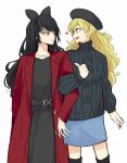  2girls beret black_sweater blake_belladonna blue_skirt bow coat commentary_request hair_bow hat multiple_girls red_coat rwby skirt sweater yang_xiao_long yuri 